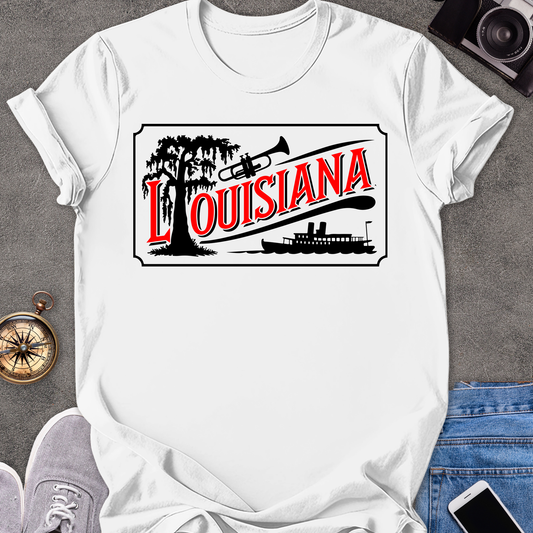 Louisiana | Unisex Softstyle T-Shirt | Riverboat, Trumpet, and Tree Tee