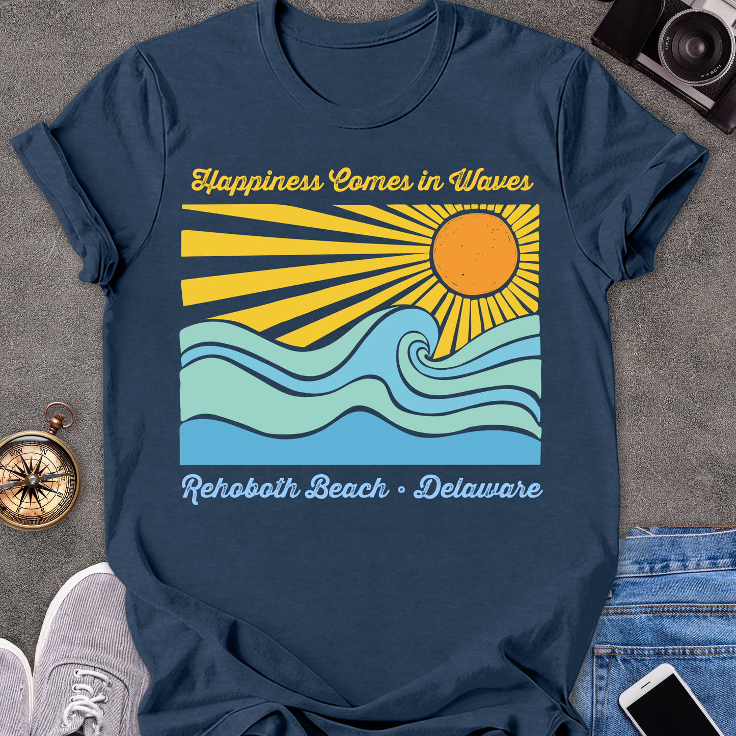 Happiness Comes in Waves-Rehobath, Delaware | Unisex Softstyle T-Shirt | Fun and Casual Beach Lover Tee