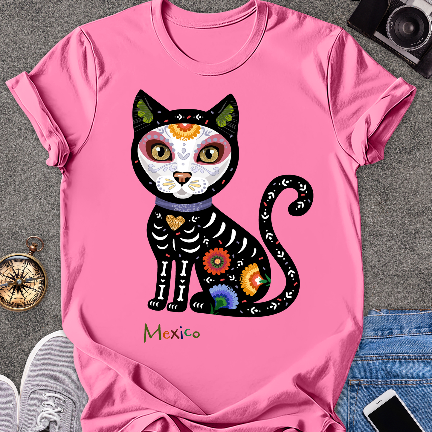 Mexico-Day of the Dead Cat | Unisex Softstyle T-Shirt | Day of the Dead Tee