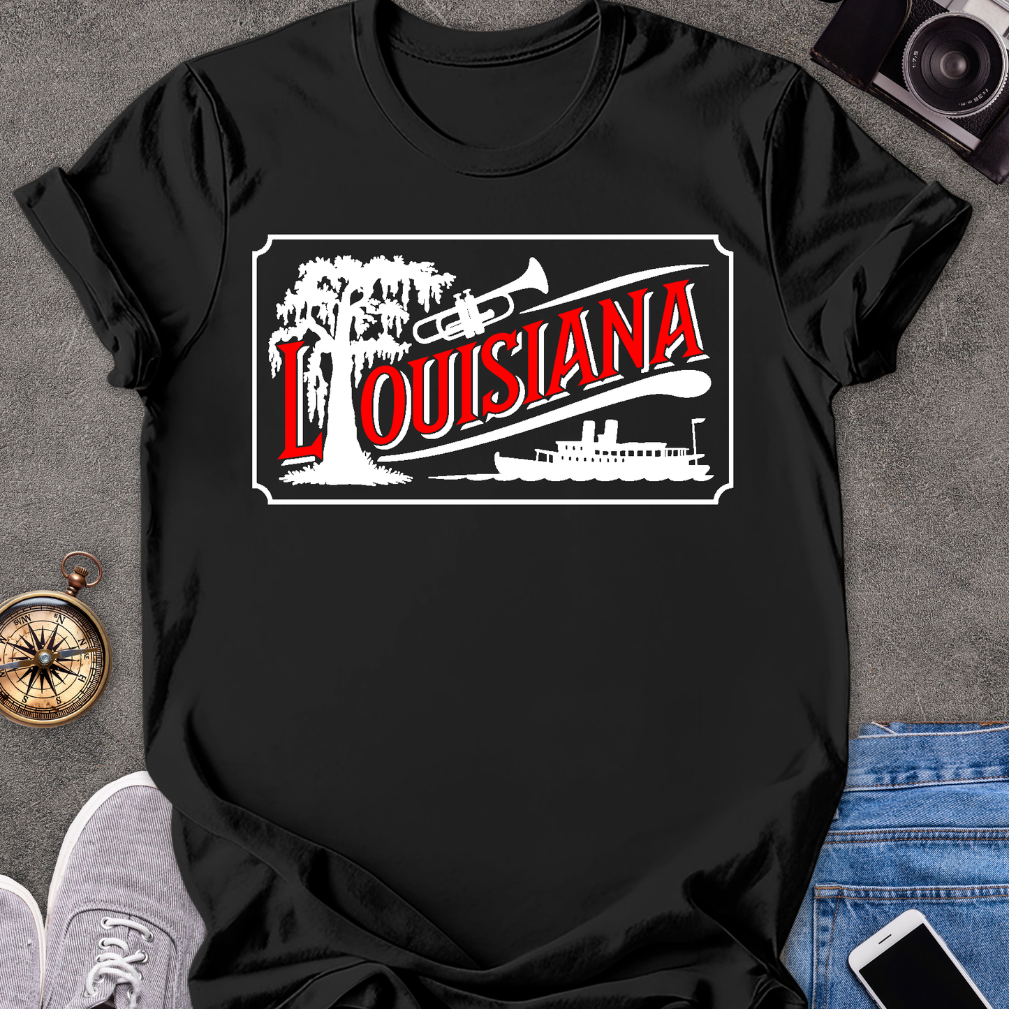 Louisiana | Unisex Softstyle T-Shirt | Riverboat, Trumpet, and Tree Tee