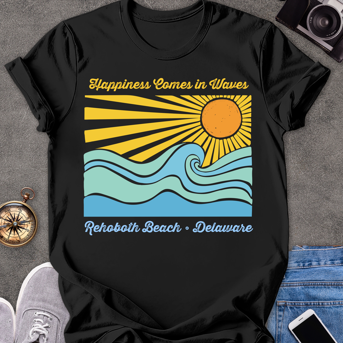 Happiness Comes in Waves-Rehobath, Delaware | Unisex Softstyle T-Shirt | Fun and Casual Beach Lover Tee
