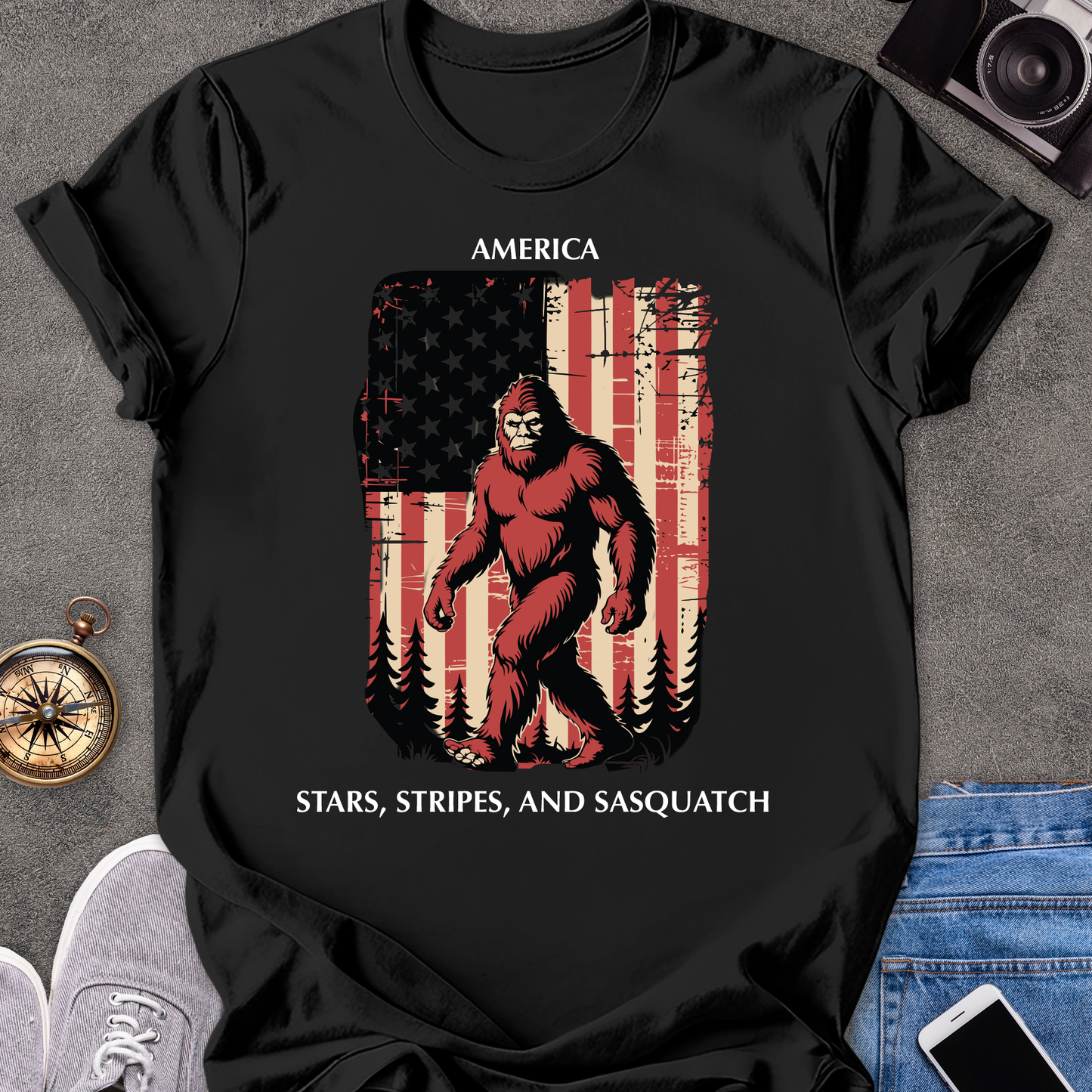 America - Stars, Stripes & Sasquatch | Unisex Softstyle T-Shirt | USA Travel Tee