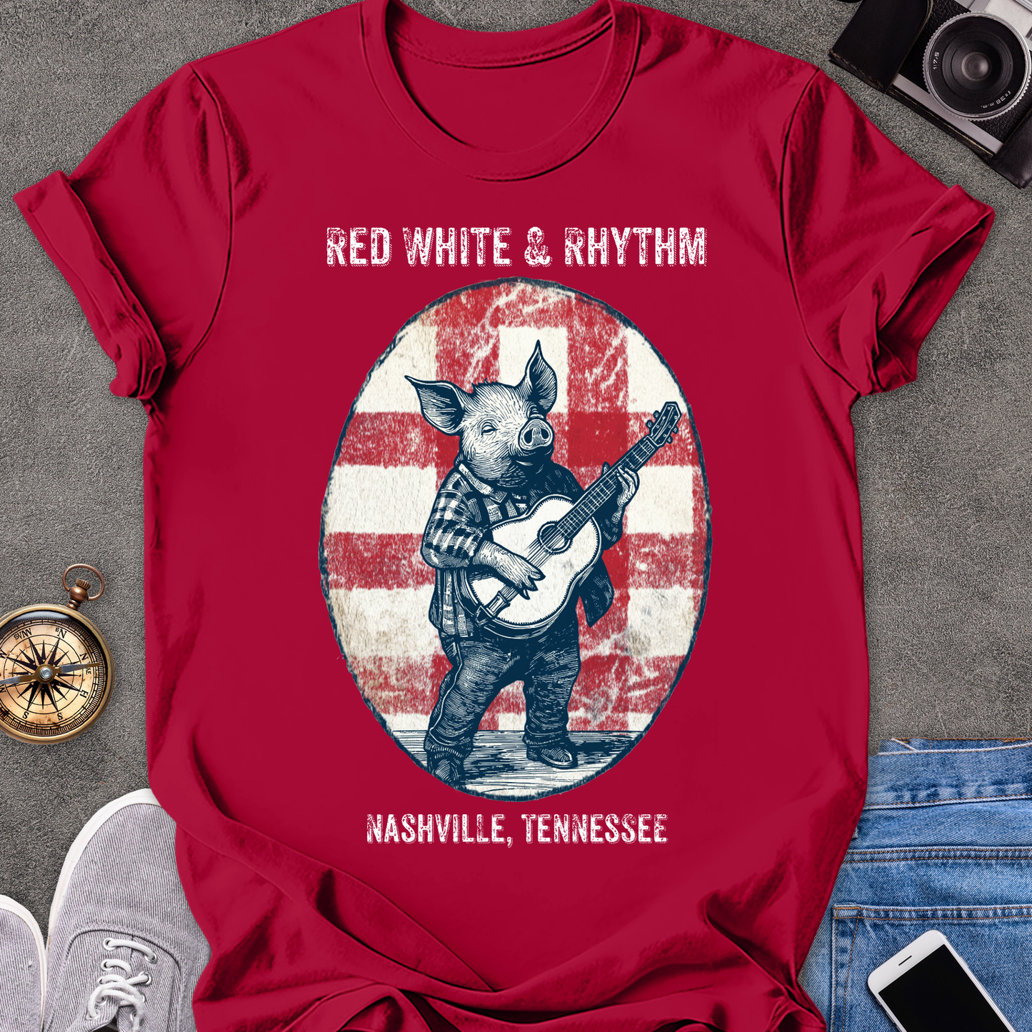 Red White & Rhythm - Nashville, Tennessee | Unisex Softstyle T-Shirt | Fun and Casual Music Lover Tee