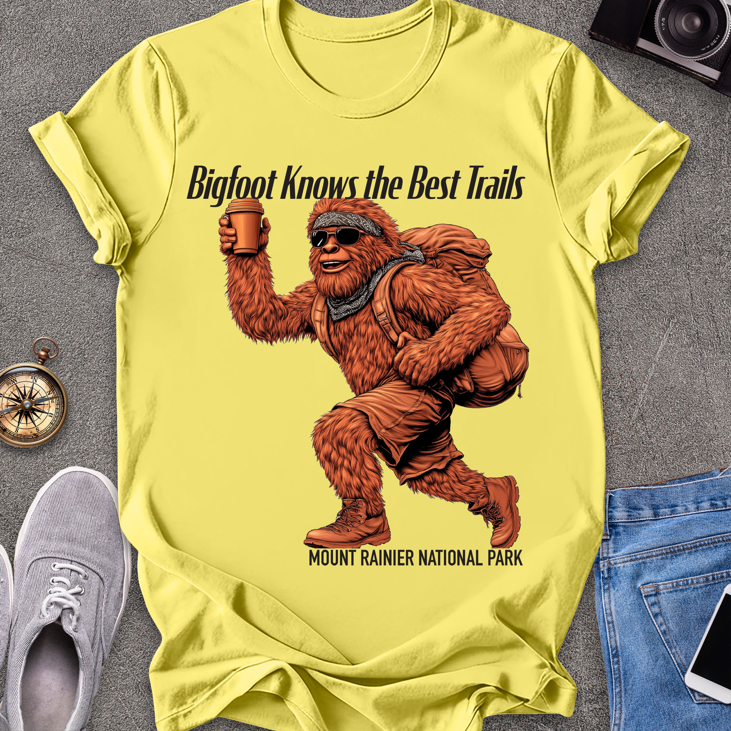 Bigfoot Knows The Best Trails - Mount Rainer National Park, Washington State TX T-Shirt