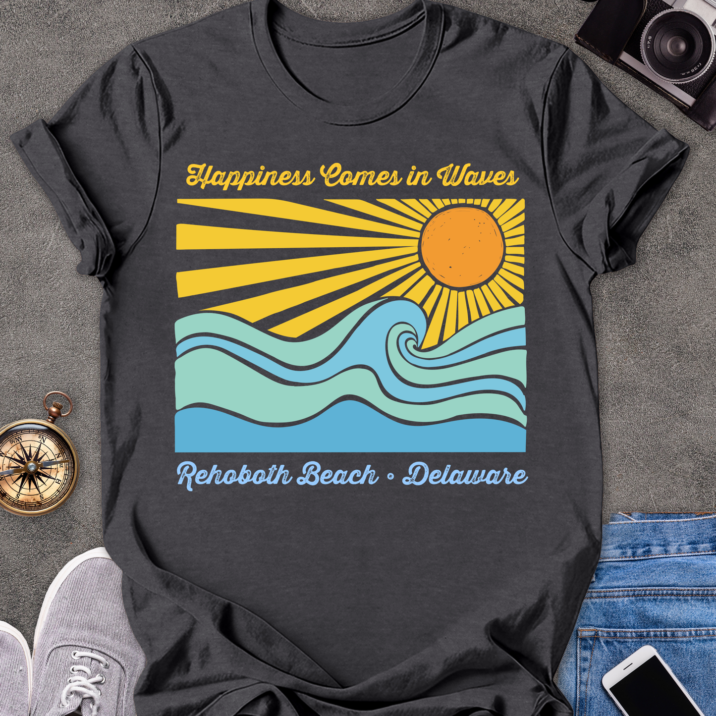 Happiness Comes in Waves-Rehobath, Delaware | Unisex Softstyle T-Shirt | Fun and Casual Beach Lover Tee