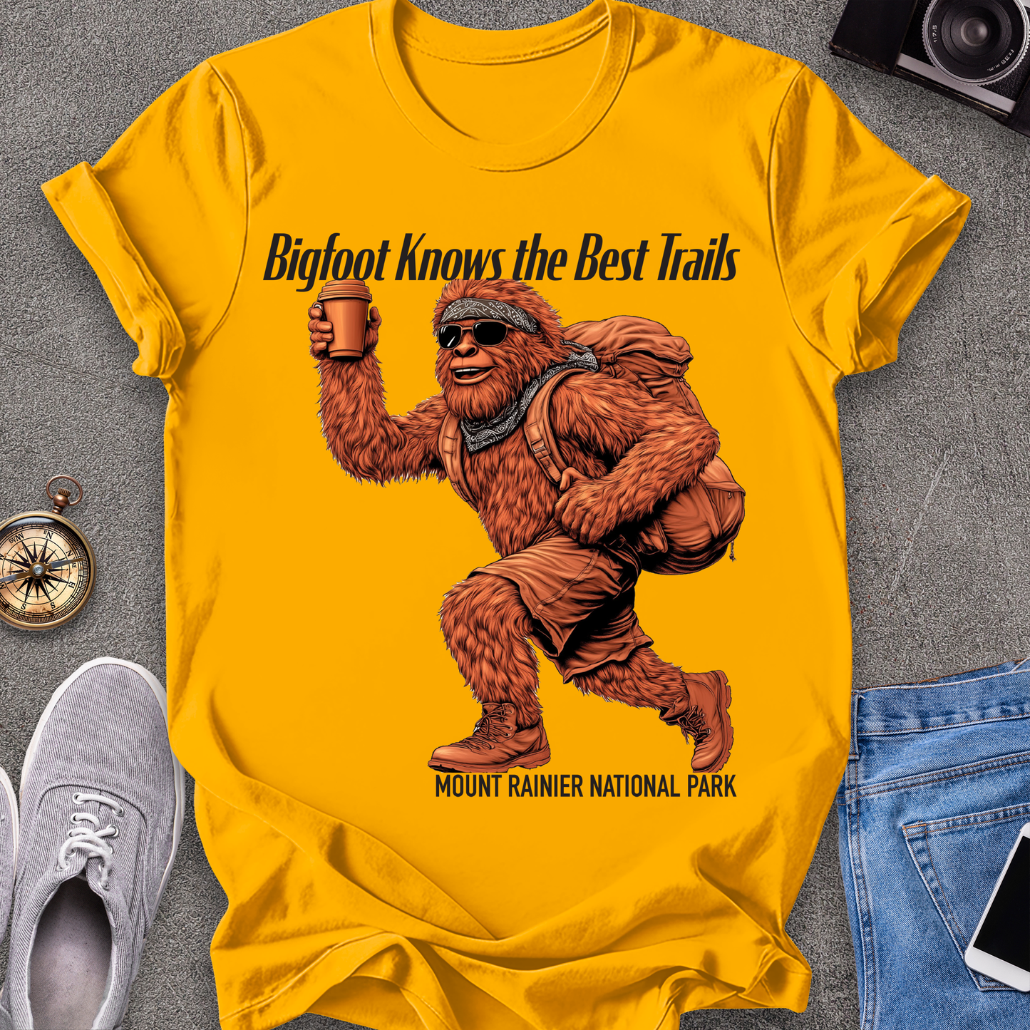 Bigfoot Knows The Best Trails - Mount Rainer National Park, Washington State TX T-Shirt