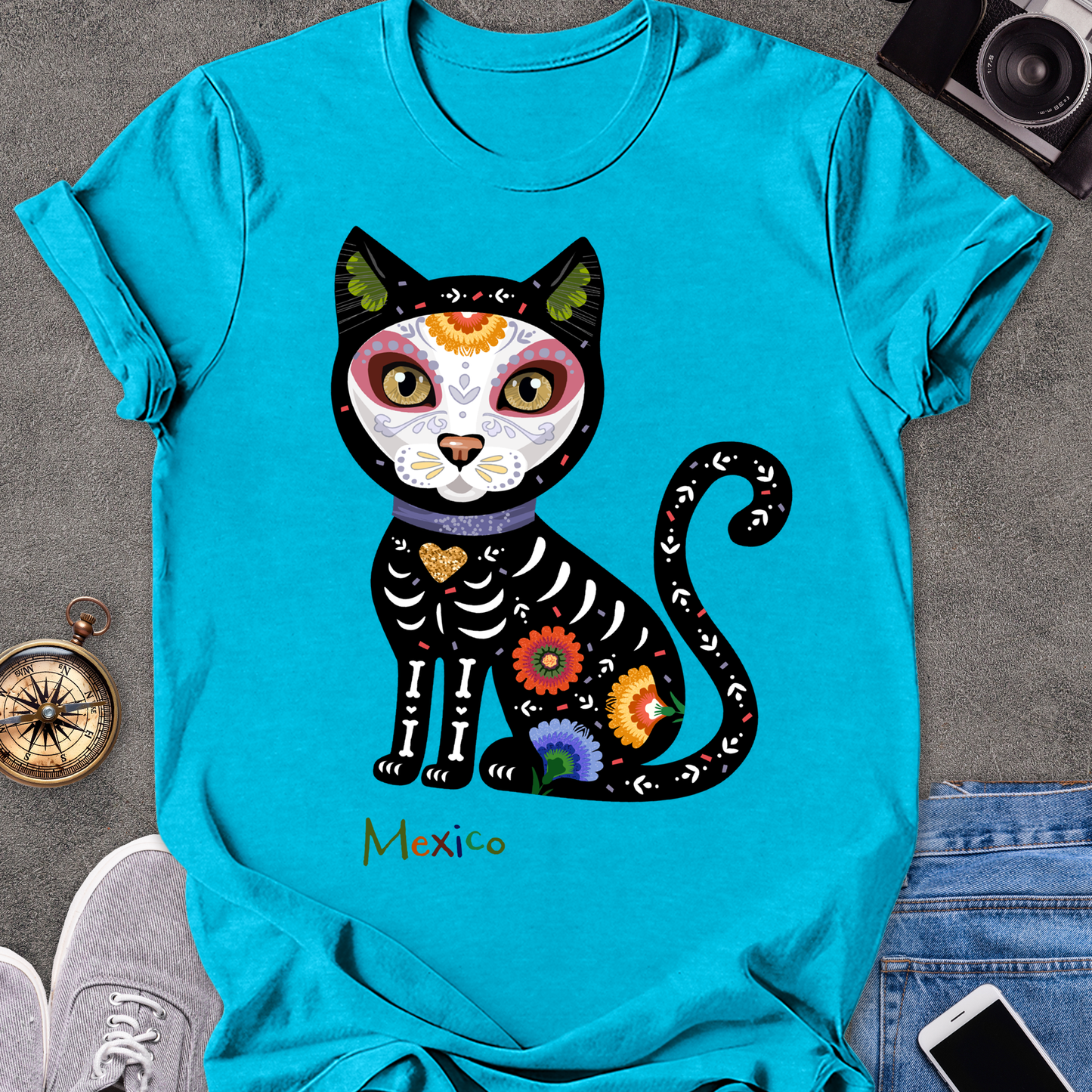 Mexico-Day of the Dead Cat | Unisex Softstyle T-Shirt | Day of the Dead Tee