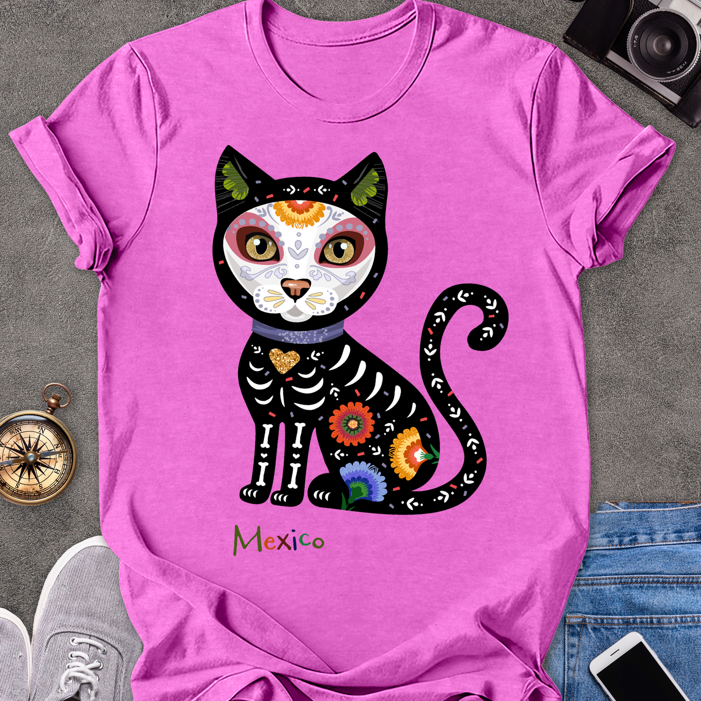 Mexico-Day of the Dead Cat | Unisex Softstyle T-Shirt | Day of the Dead Tee
