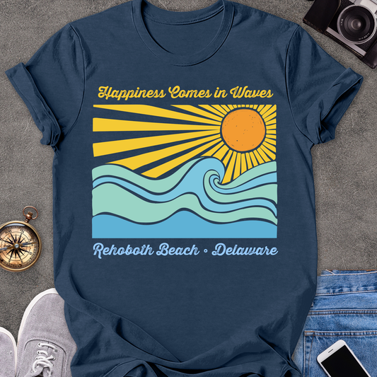 Happiness Comes in Waves-Rehobath, Delaware | Unisex Softstyle T-Shirt | Fun and Casual Beach Lover Tee