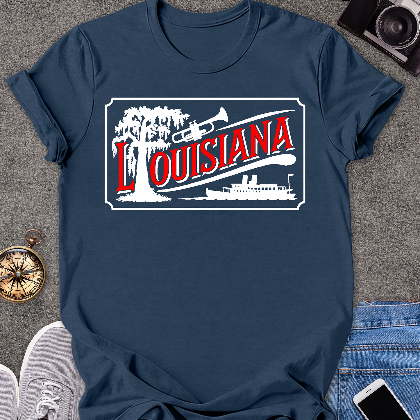 Louisiana | Unisex Softstyle T-Shirt | Riverboat, Trumpet, and Tree Tee
