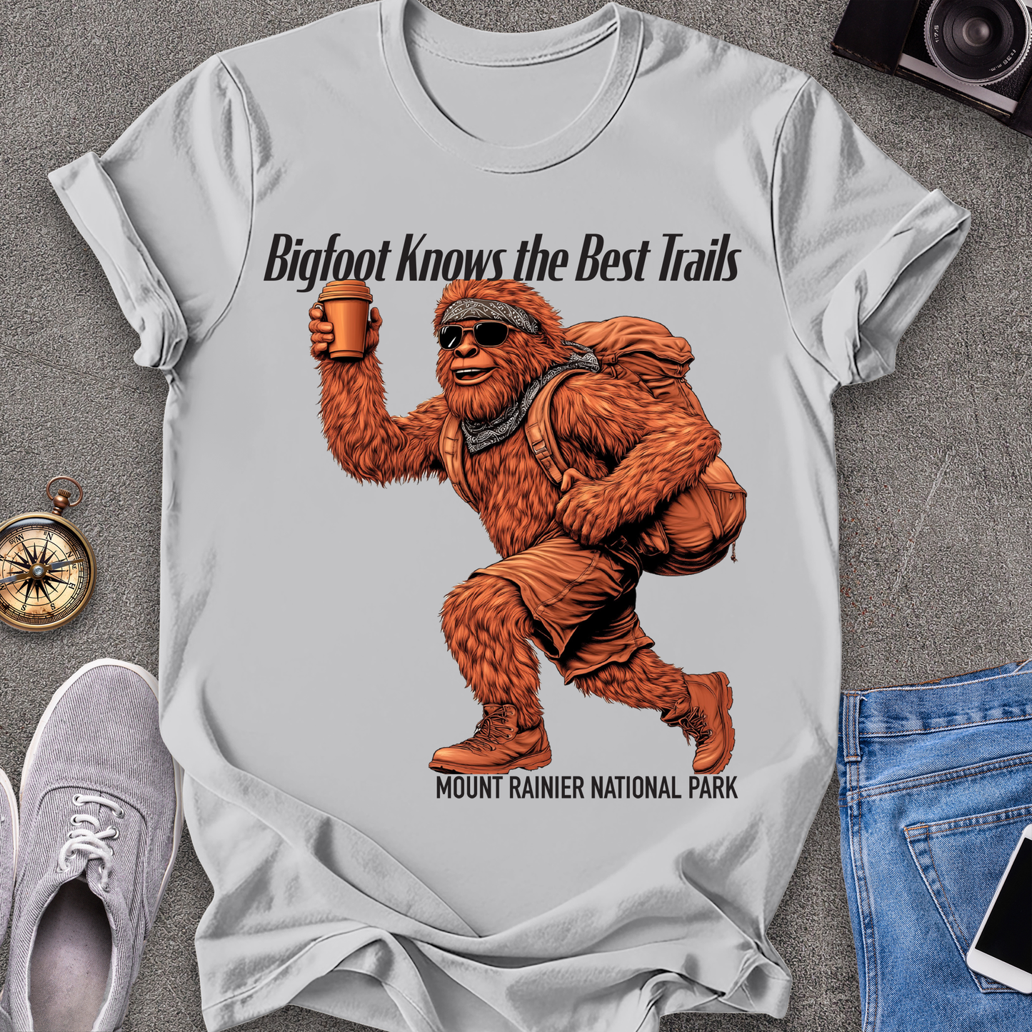 Bigfoot Knows The Best Trails - Mount Rainer National Park, Washington State TX T-Shirt