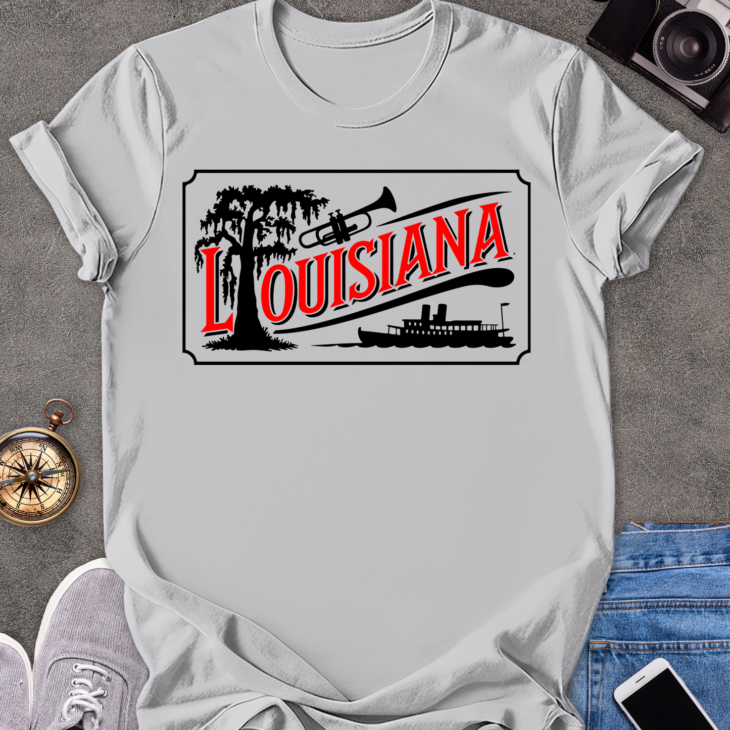 Louisiana | Unisex Softstyle T-Shirt | Riverboat, Trumpet, and Tree Tee