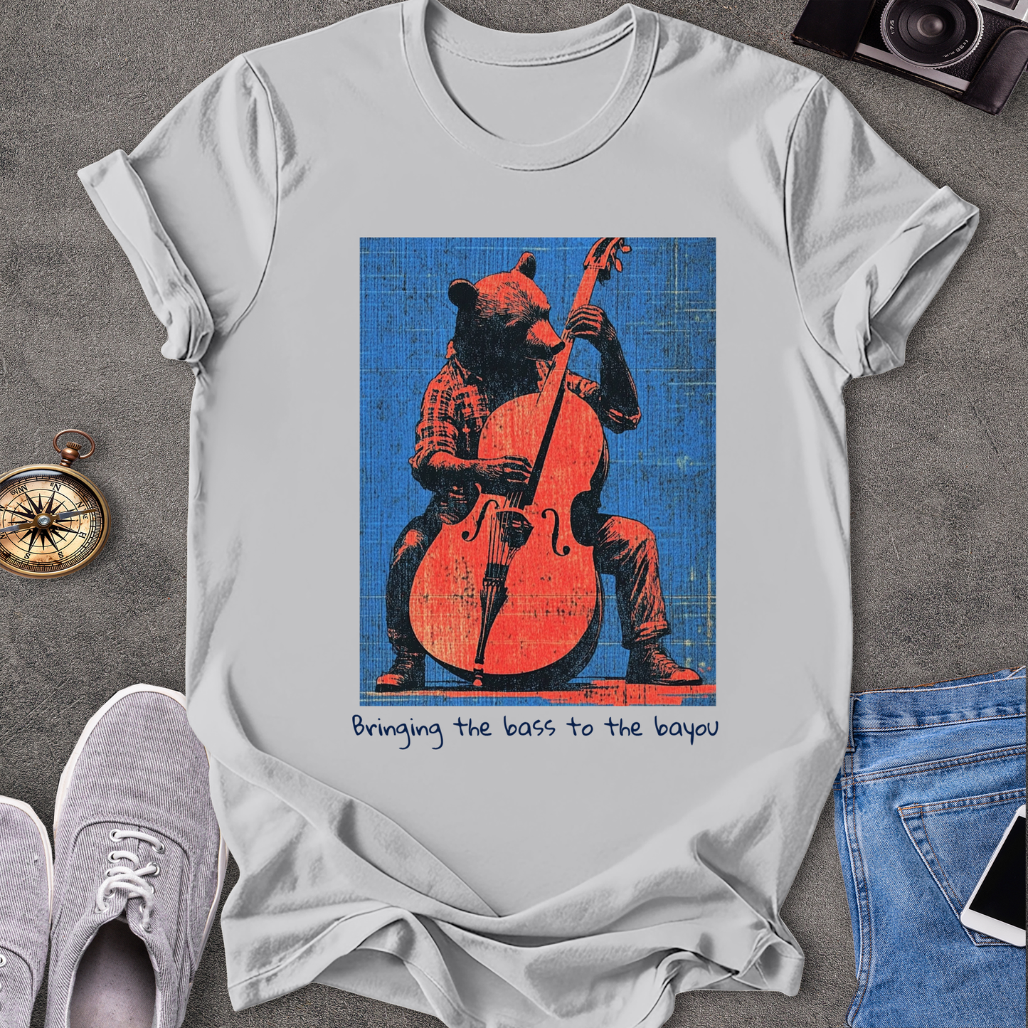 Bringing The Bass To The Bayou T-Shirt - Bear Playing Stand-up Bass