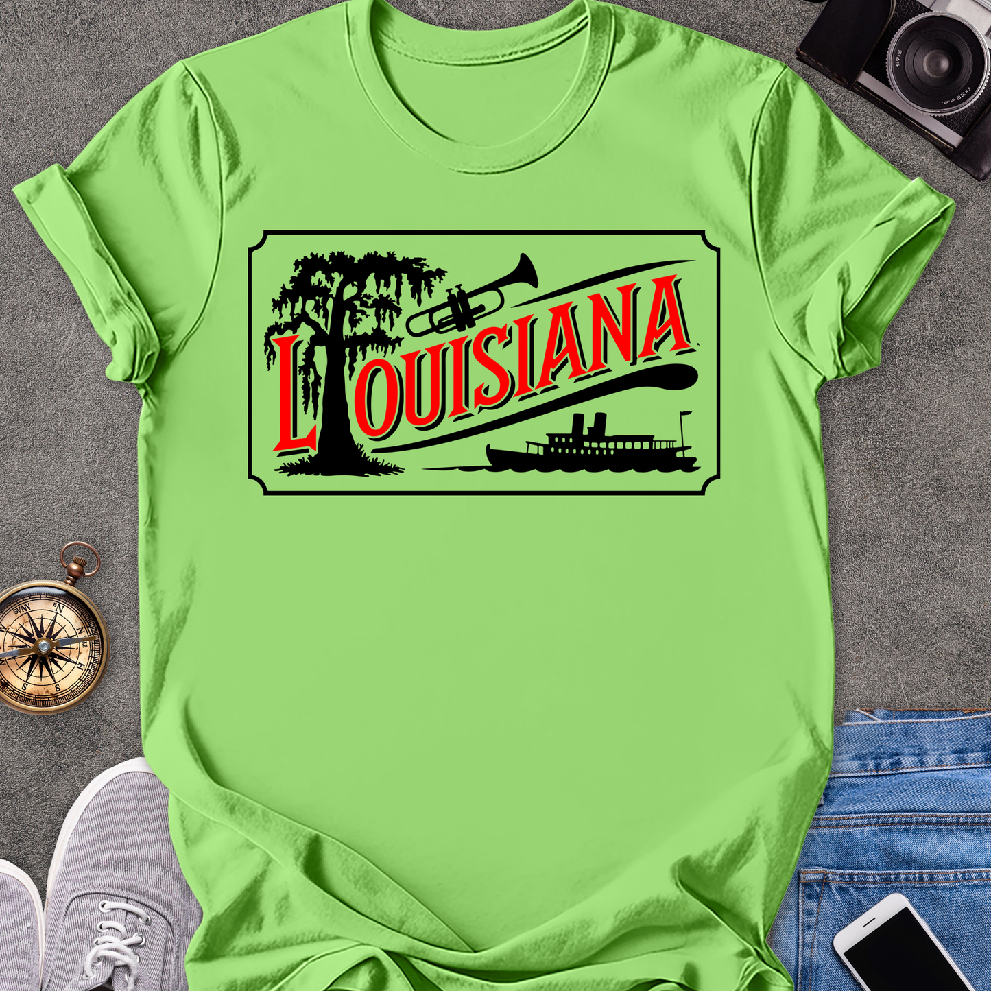 Louisiana | Unisex Softstyle T-Shirt | Riverboat, Trumpet, and Tree Tee