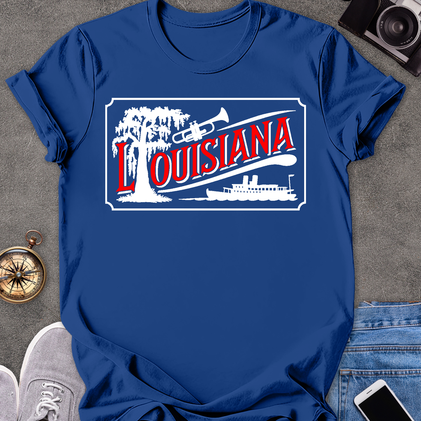 Louisiana | Unisex Softstyle T-Shirt | Riverboat, Trumpet, and Tree Tee