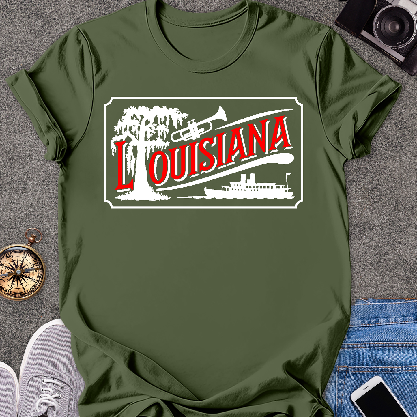 Louisiana | Unisex Softstyle T-Shirt | Riverboat, Trumpet, and Tree Tee