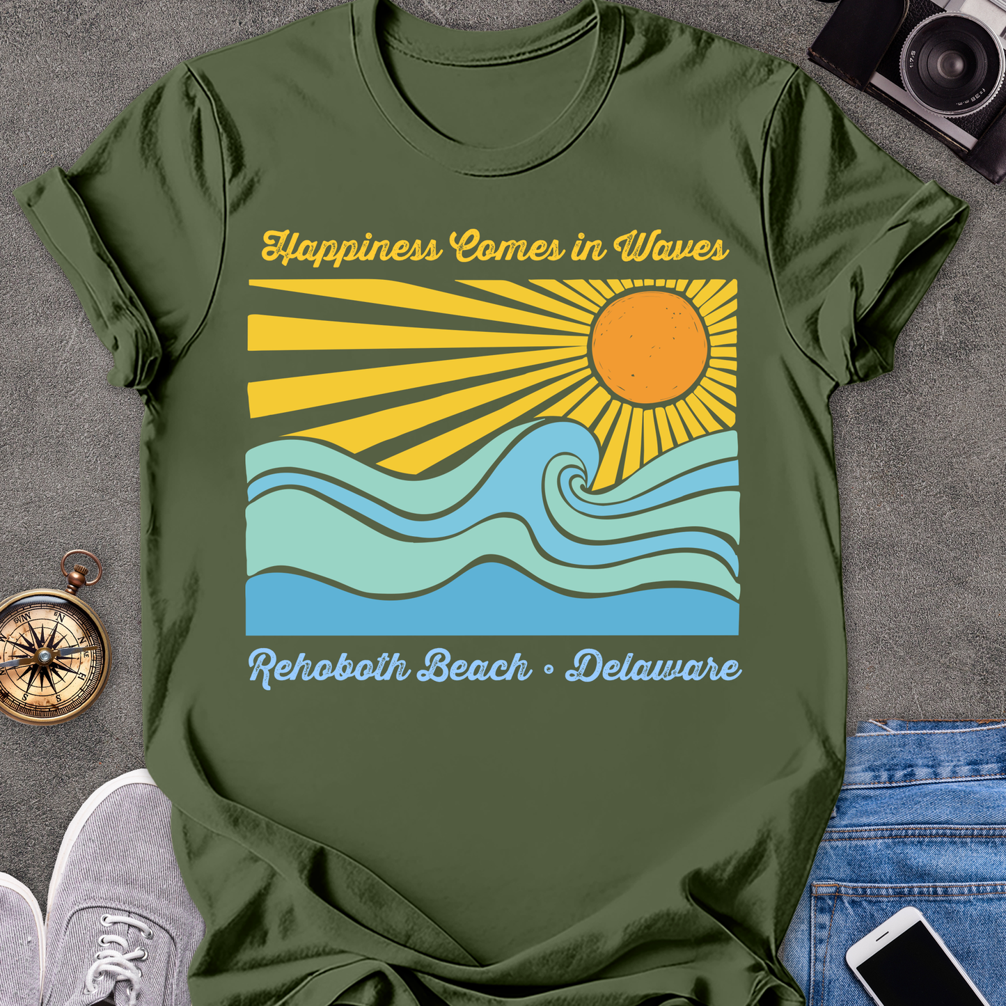Happiness Comes in Waves-Rehobath, Delaware | Unisex Softstyle T-Shirt | Fun and Casual Beach Lover Tee