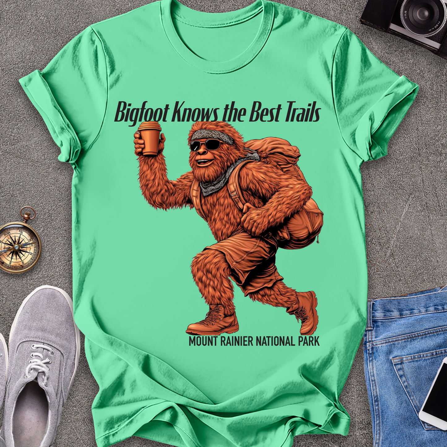 Bigfoot Knows The Best Trails - Mount Rainer National Park, Washington State TX T-Shirt