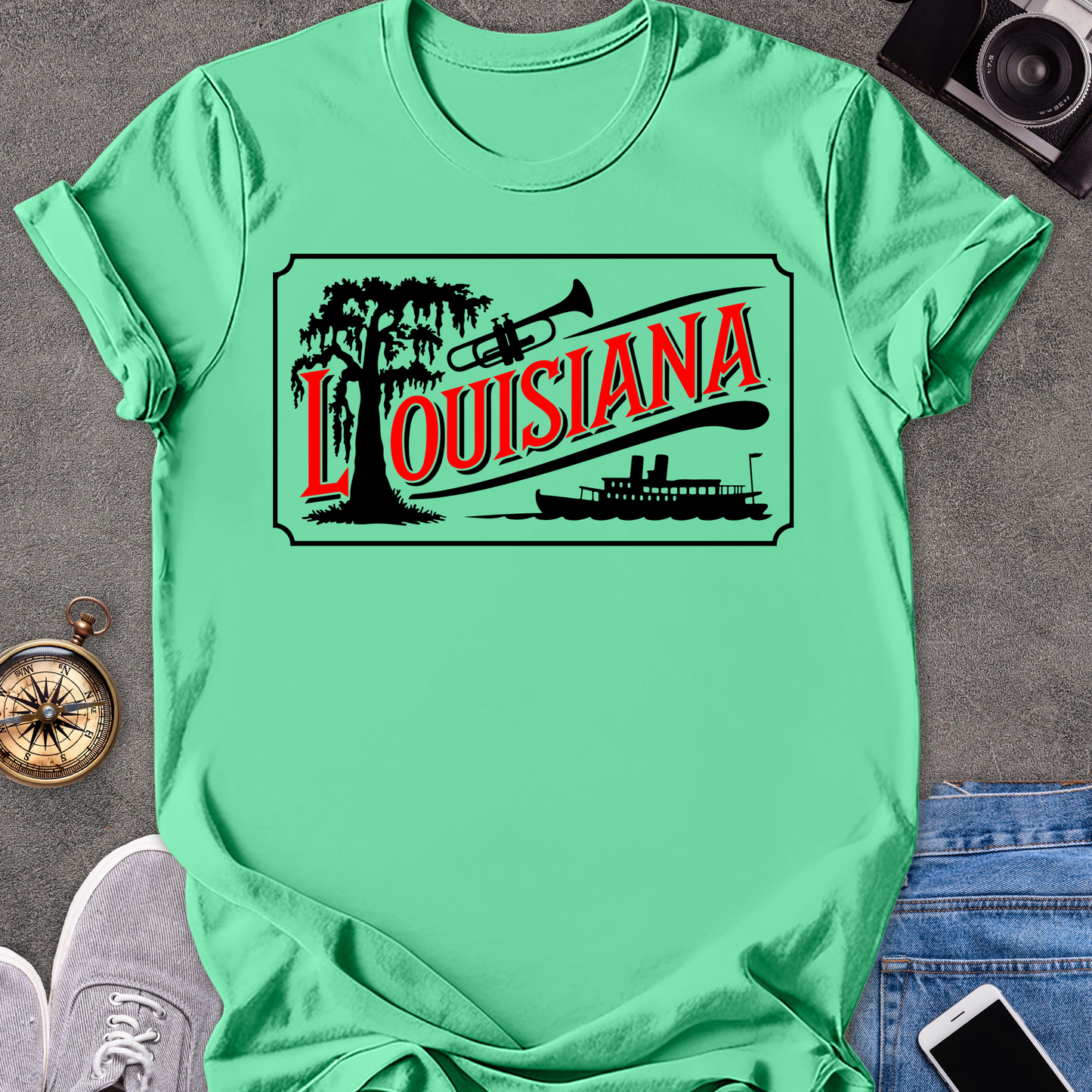 Louisiana | Unisex Softstyle T-Shirt | Riverboat, Trumpet, and Tree Tee