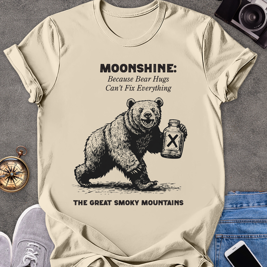 Moonshine: Because Bear Hugs Can't Fix Everything - The Great Smoky Mountains | Unisex Softstyle T-Shirt | Tennessee Tee