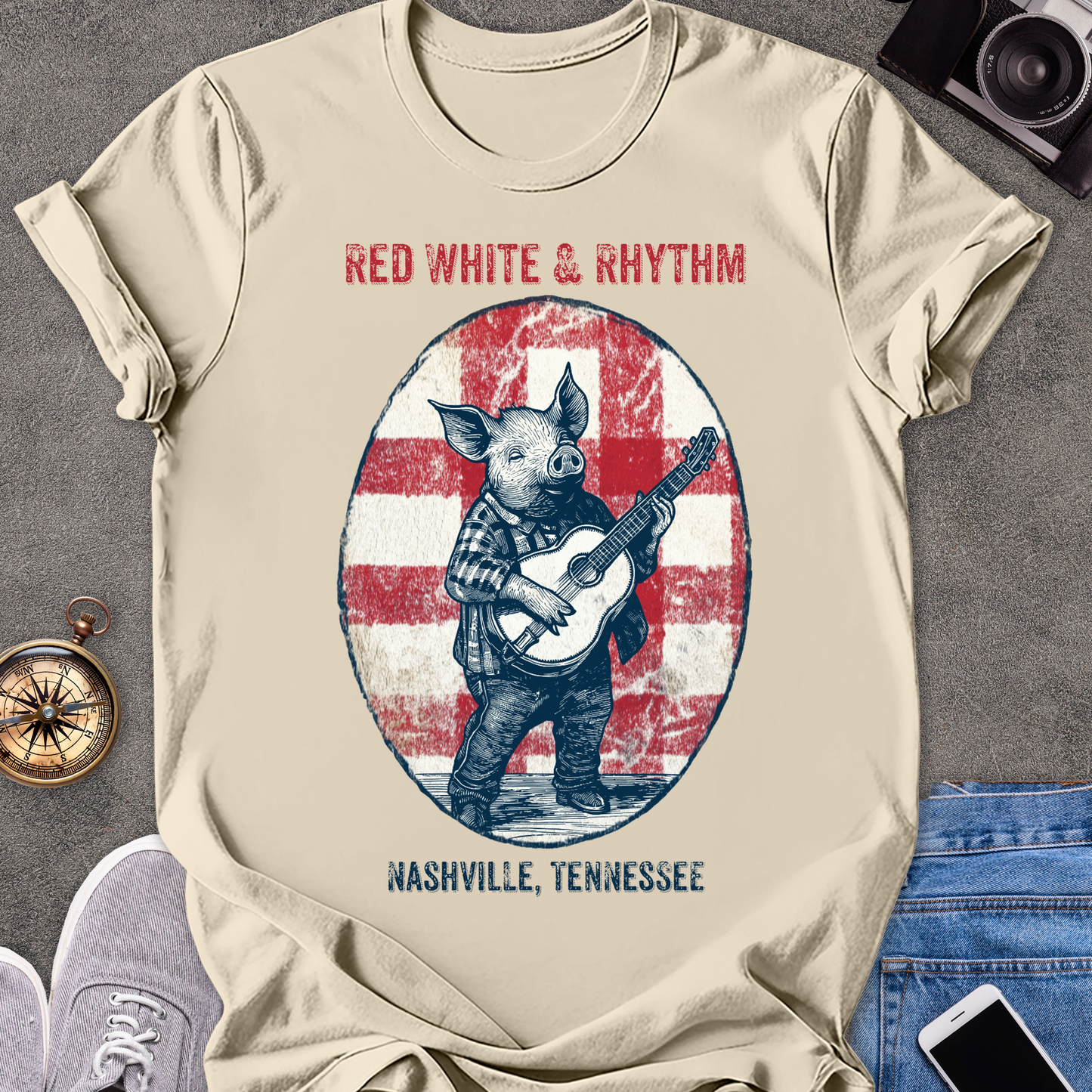 Red White & Rhythm - Nashville, Tennessee | Unisex Softstyle T-Shirt | Fun and Casual Music Lover Tee