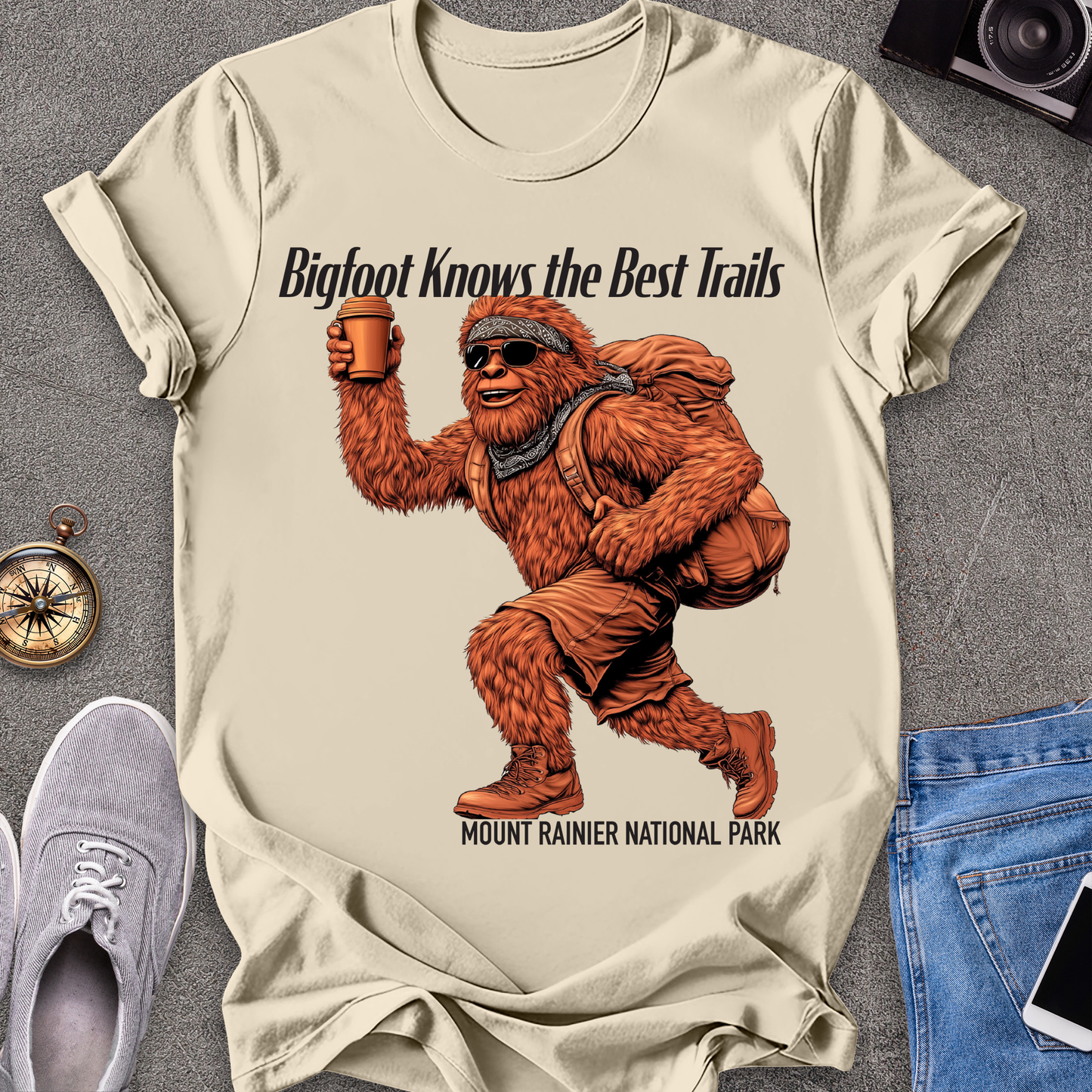 Bigfoot Knows The Best Trails - Mount Rainer National Park, Washington State TX T-Shirt