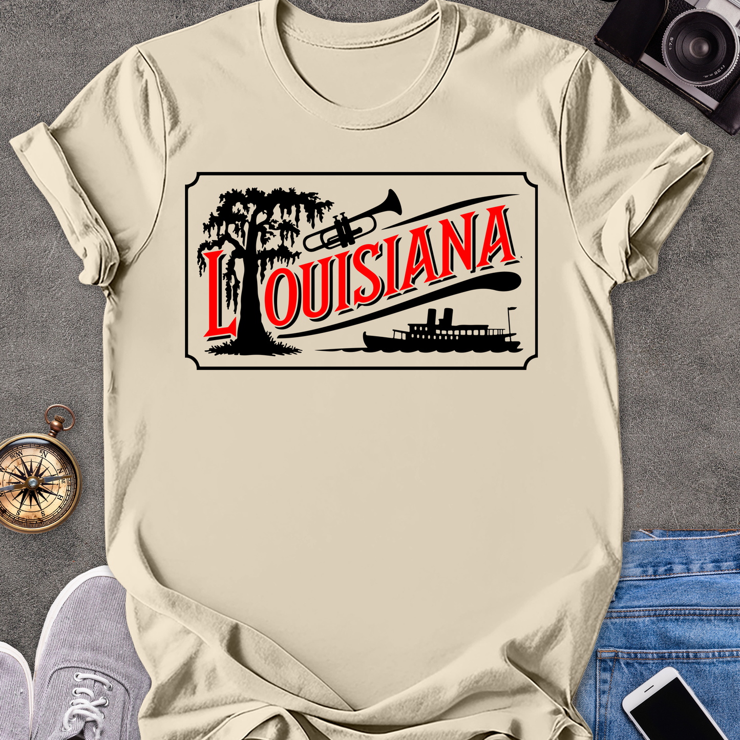 Louisiana | Unisex Softstyle T-Shirt | Riverboat, Trumpet, and Tree Tee