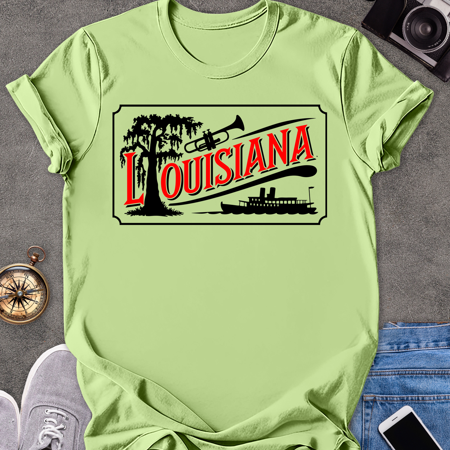 Louisiana | Unisex Softstyle T-Shirt | Riverboat, Trumpet, and Tree Tee
