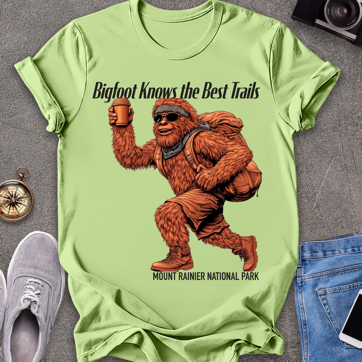 Bigfoot Knows The Best Trails - Mount Rainer National Park, Washington State TX T-Shirt