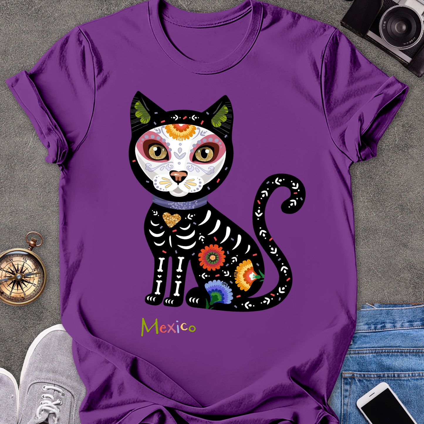Mexico-Day of the Dead Cat | Unisex Softstyle T-Shirt | Day of the Dead Tee