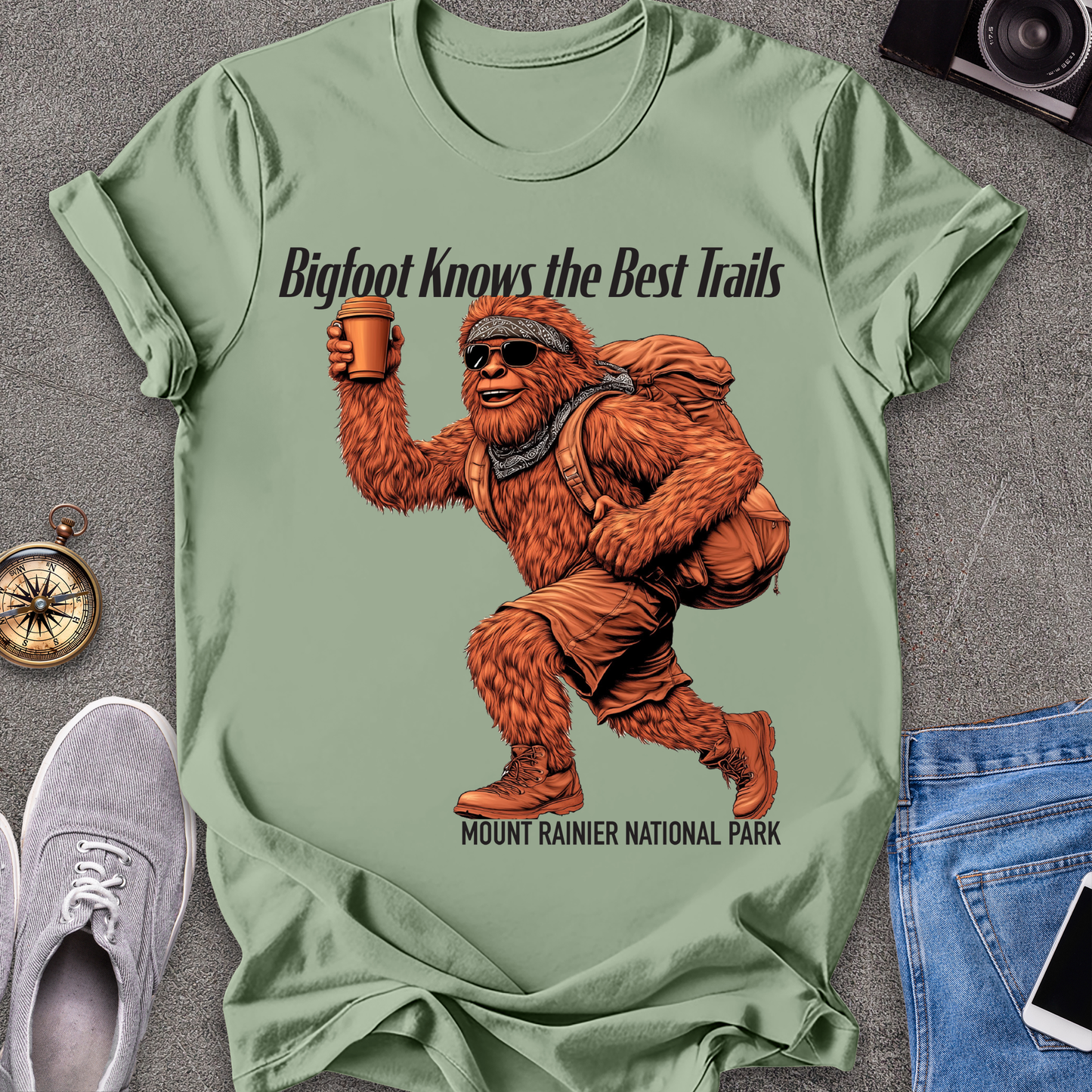 Bigfoot Knows The Best Trails - Mount Rainer National Park, Washington State TX T-Shirt
