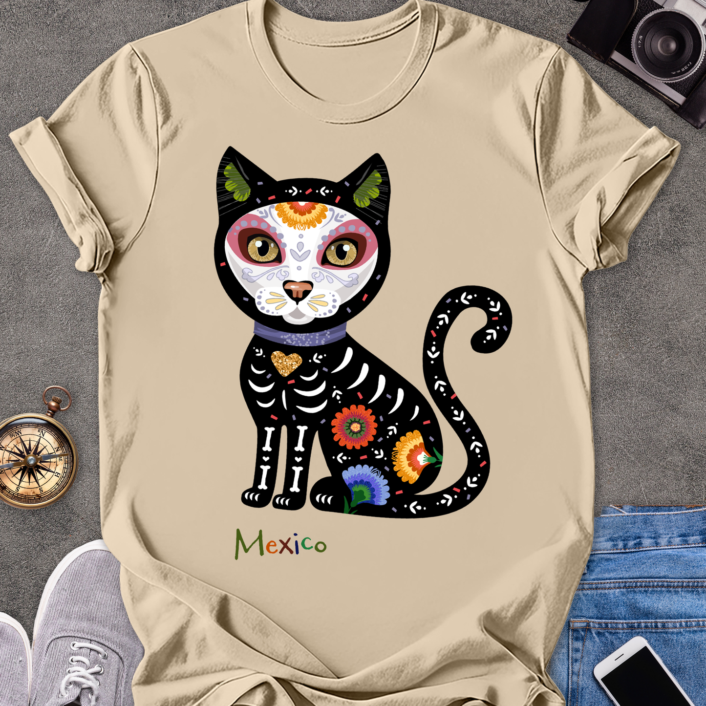 Mexico-Day of the Dead Cat | Unisex Softstyle T-Shirt | Day of the Dead Tee