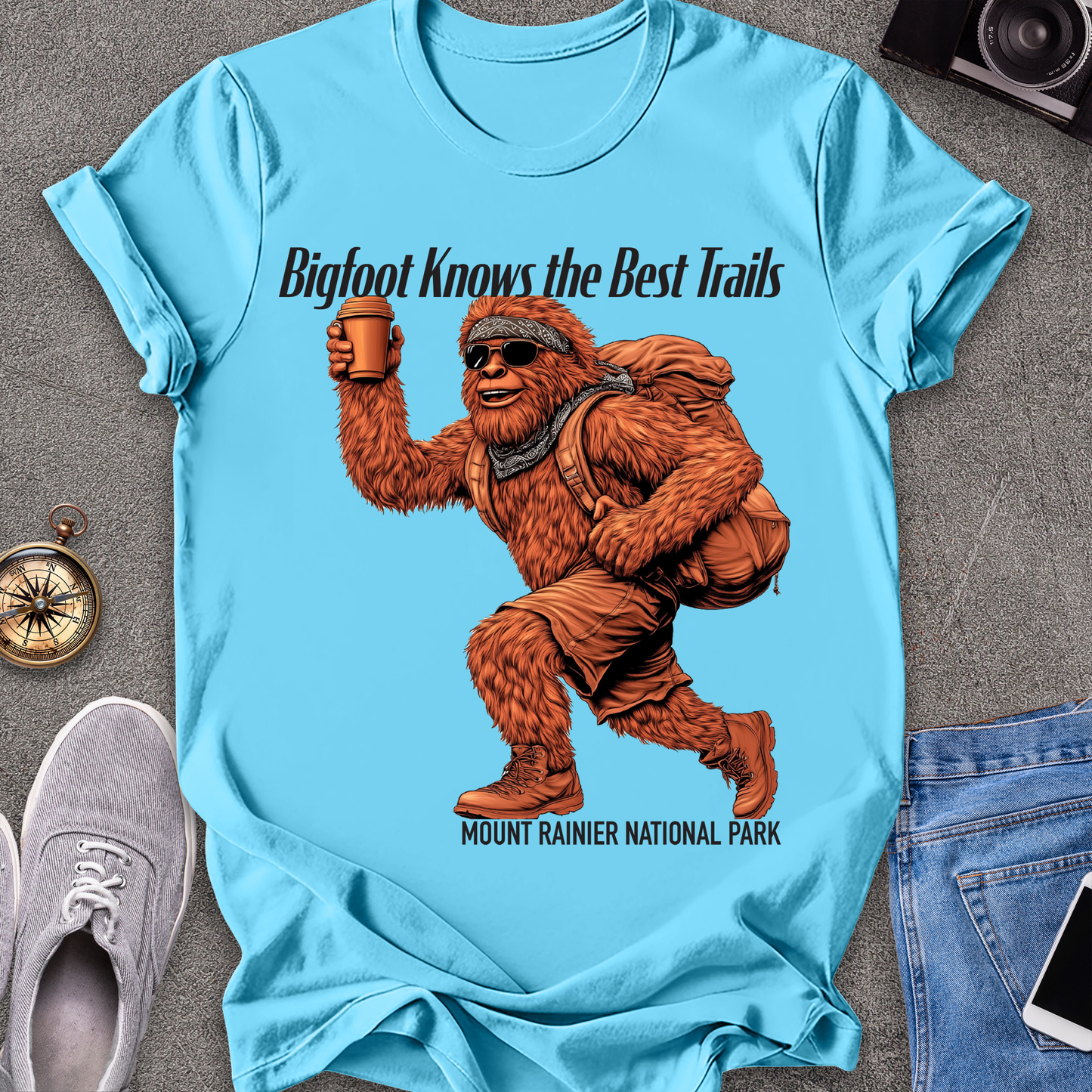 Bigfoot Knows The Best Trails - Mount Rainer National Park, Washington State TX T-Shirt