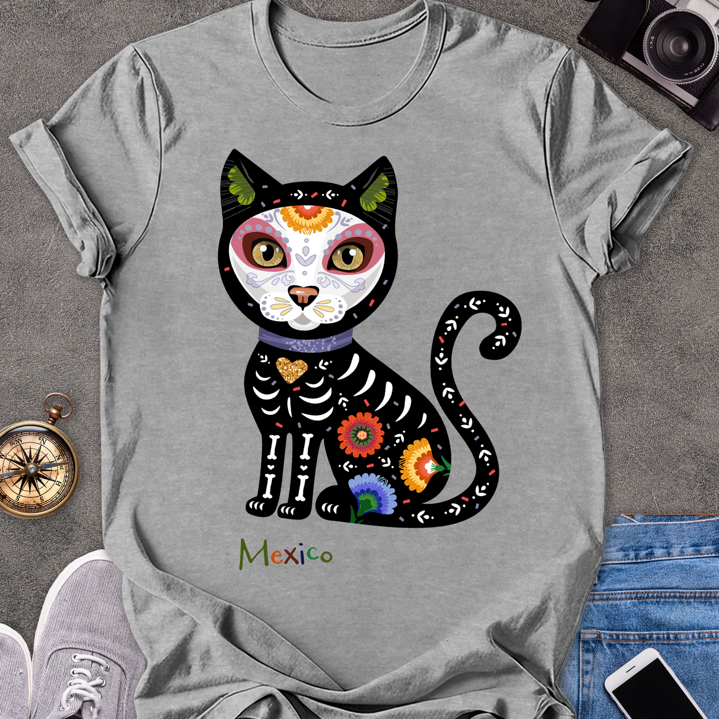 Mexico-Day of the Dead Cat | Unisex Softstyle T-Shirt | Day of the Dead Tee