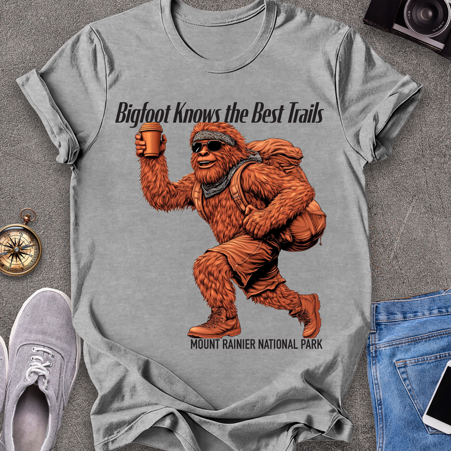 Bigfoot Knows The Best Trails - Mount Rainer National Park, Washington State TX T-Shirt