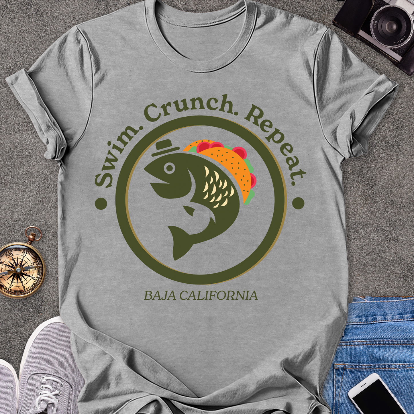 Swim. Crunch. Repeat. Baja California | Unisex Softstyle T-Shirt | Foodie Travel Tee