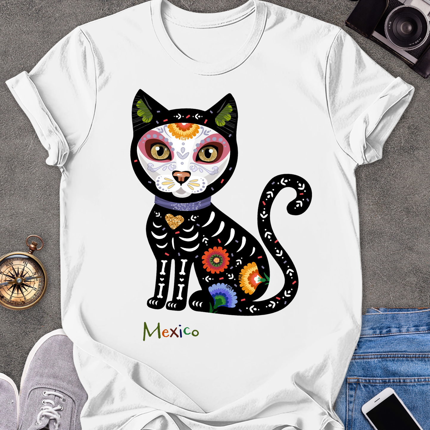 Mexico-Day of the Dead Cat | Unisex Softstyle T-Shirt | Day of the Dead Tee