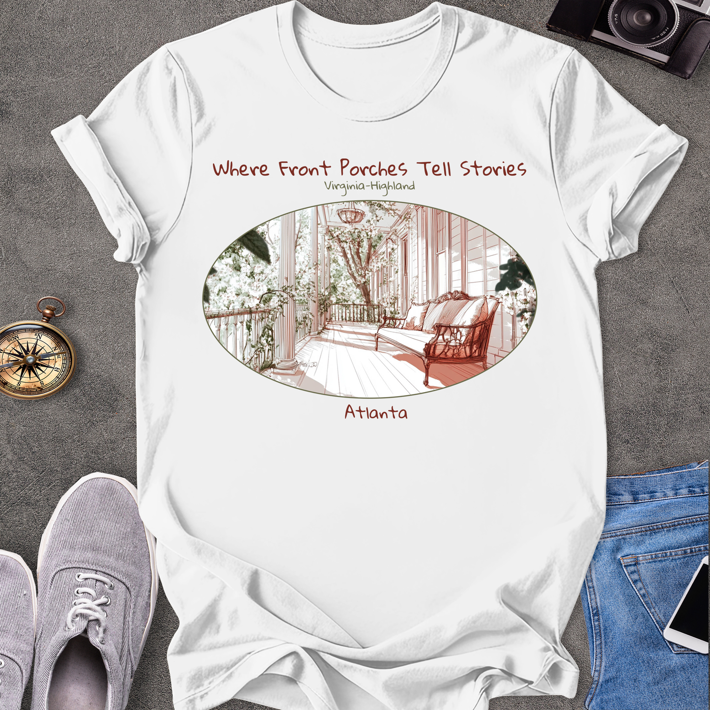 Where Front Porches Tell Stories, Virginia Highland, Atlanta Georgia T-Shirt