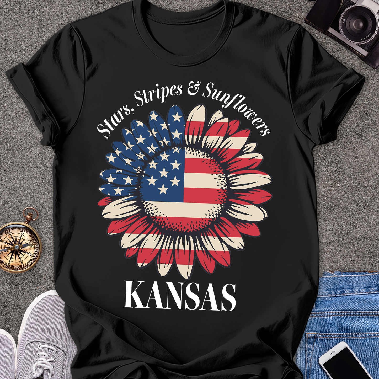 Star, Stripes & Sunflowers - Kansas | Unisex Softstyle T-Shirt | Kansas Travel Tee