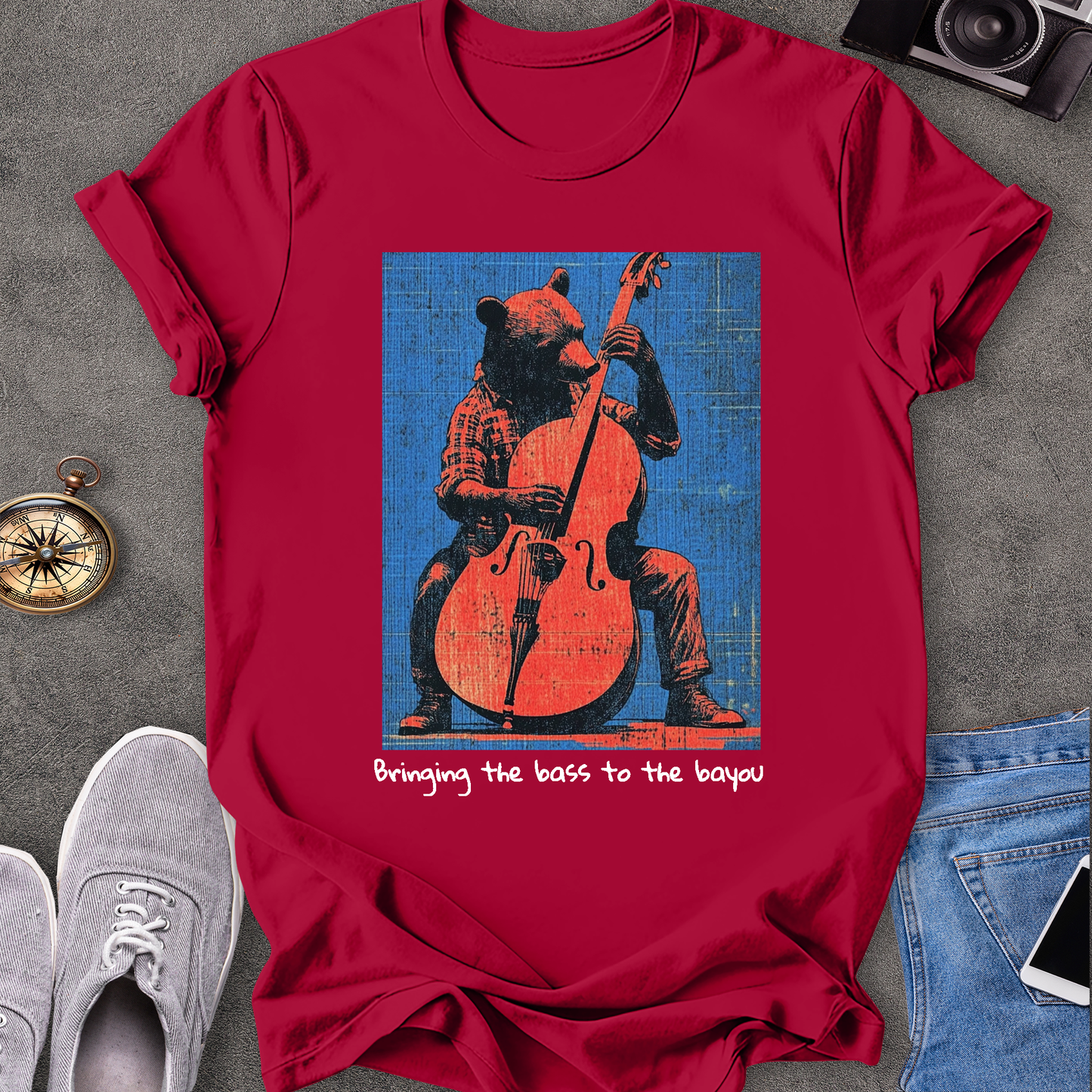 Bringing The Bass To The Bayou T-Shirt - Bear Playing Stand-up Bass