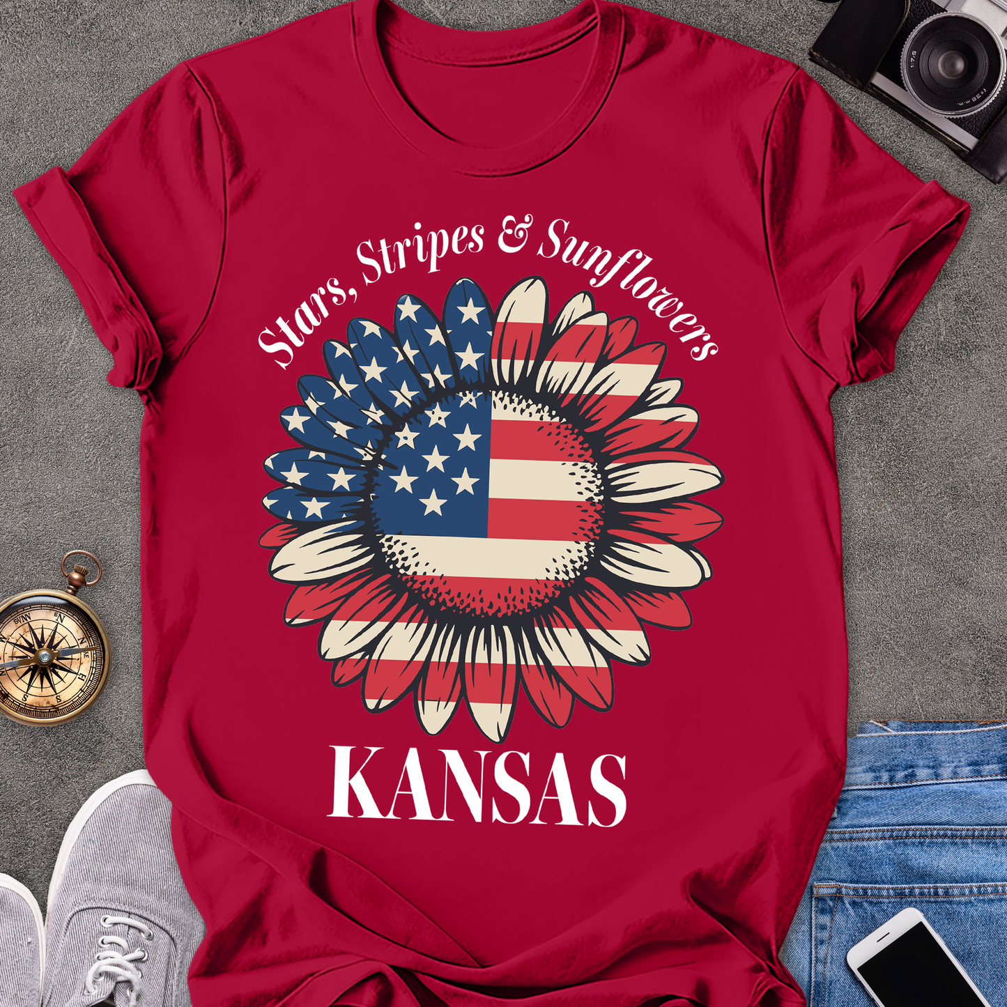 Star, Stripes & Sunflowers - Kansas | Unisex Softstyle T-Shirt | Kansas Travel Tee