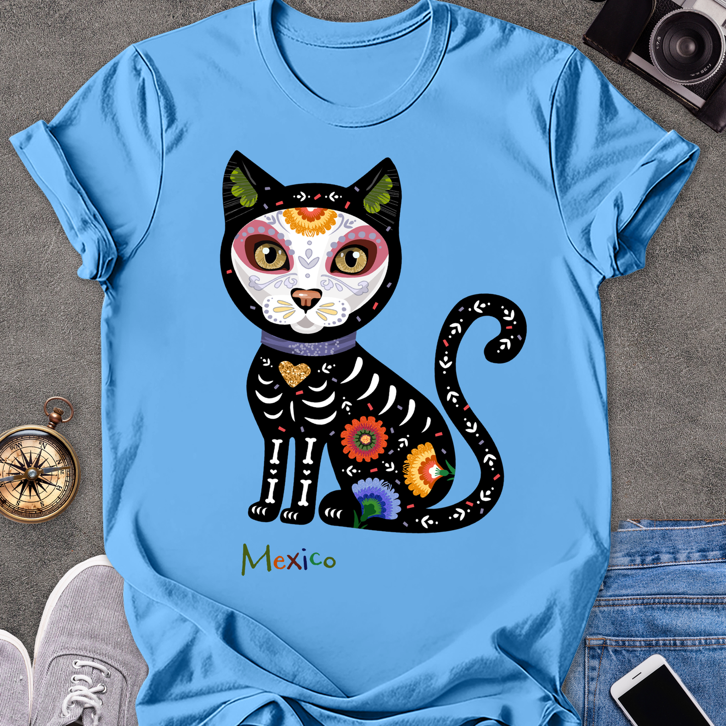 Mexico-Day of the Dead Cat | Unisex Softstyle T-Shirt | Day of the Dead Tee