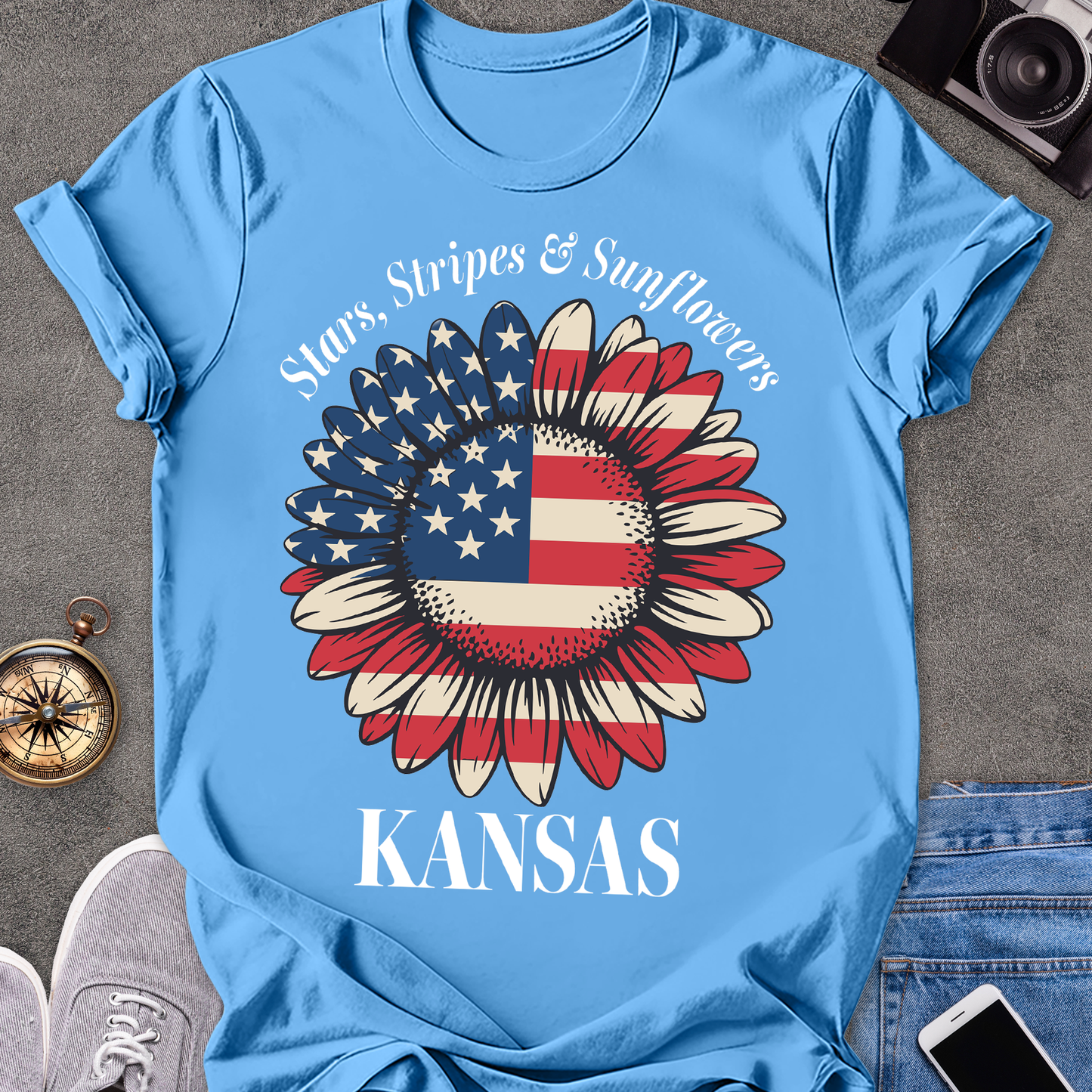 Star, Stripes & Sunflowers - Kansas | Unisex Softstyle T-Shirt | Kansas Travel Tee