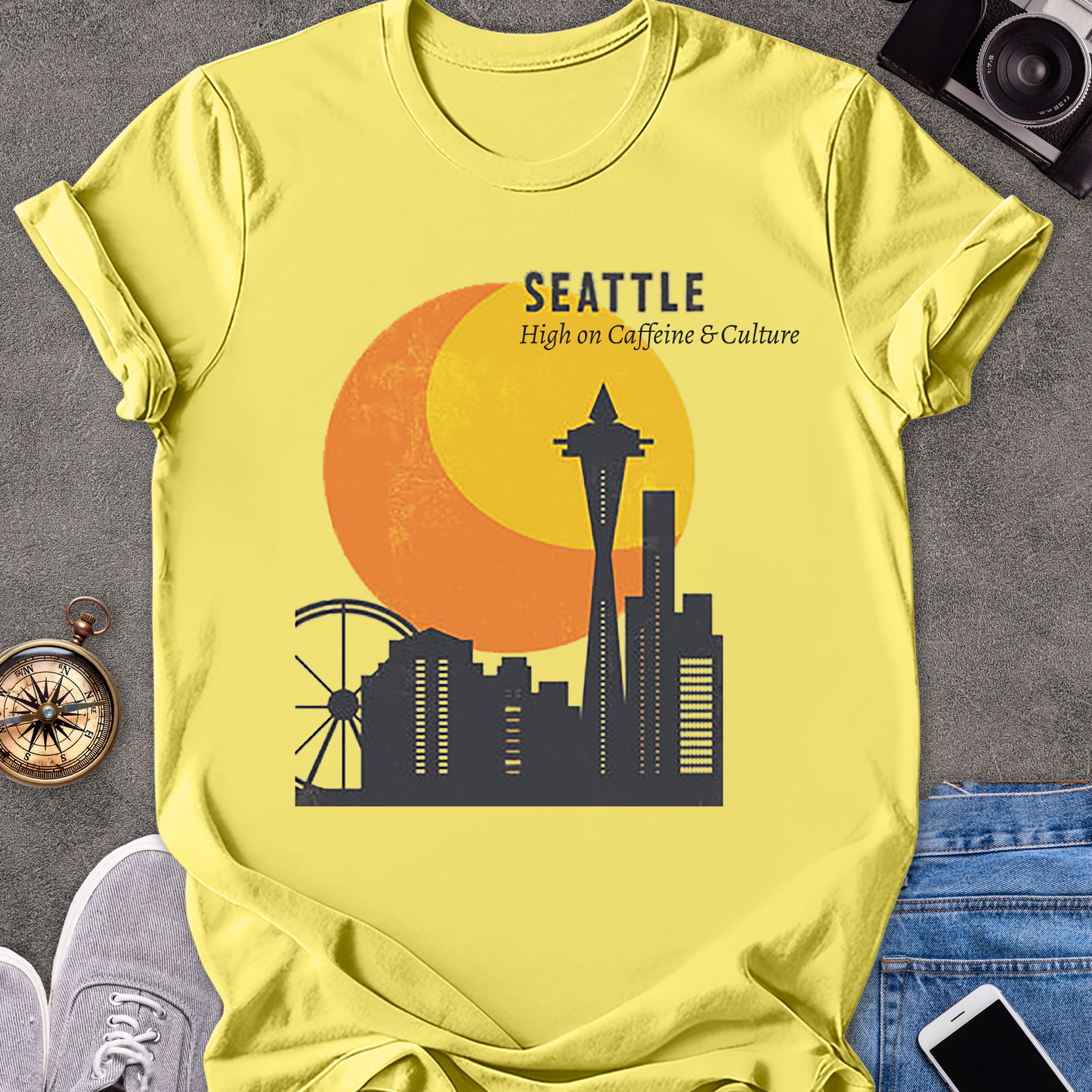 Seattle, High on Caffeine & Culture | Unisex Softstyle T-Shirt | Retro Seattle Travel Tee