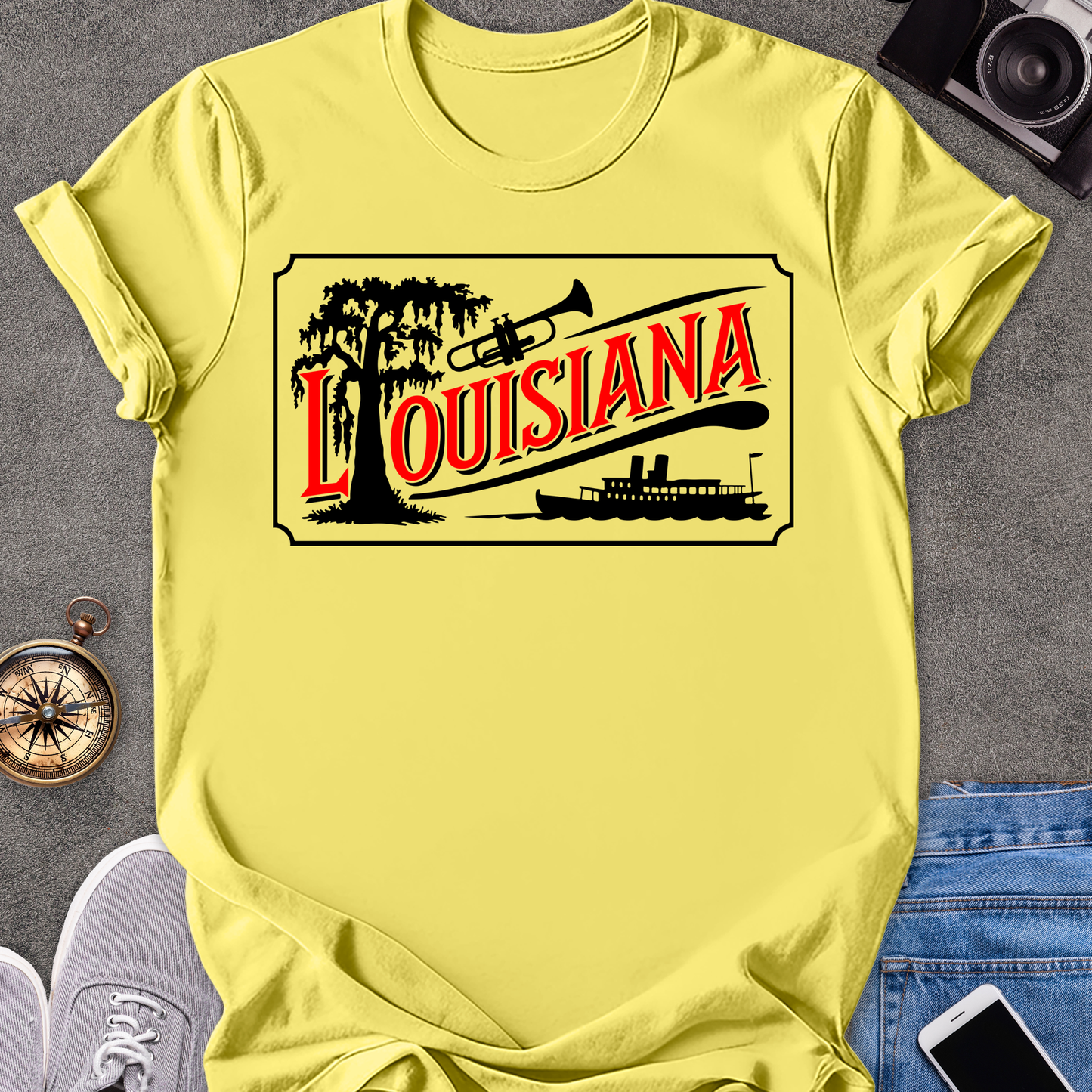 Louisiana | Unisex Softstyle T-Shirt | Riverboat, Trumpet, and Tree Tee