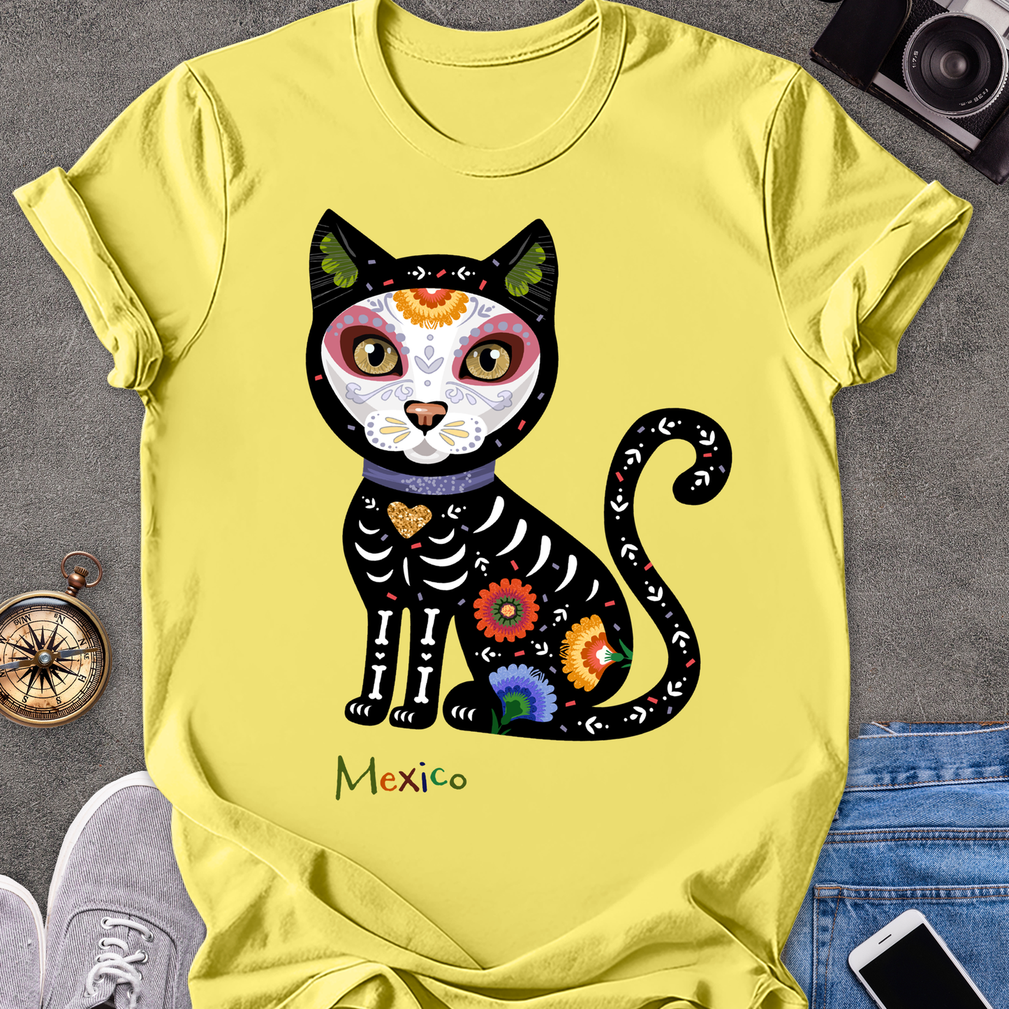 Mexico-Day of the Dead Cat | Unisex Softstyle T-Shirt | Day of the Dead Tee