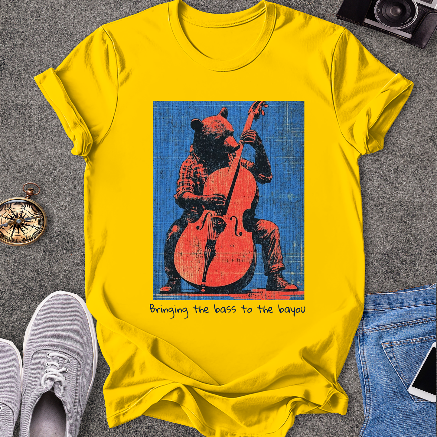 Bringing The Bass To The Bayou T-Shirt - Bear Playing Stand-up Bass