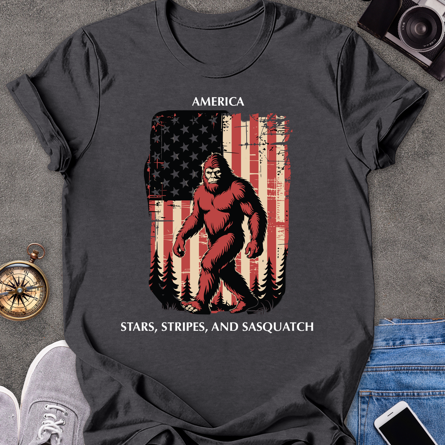 America - Stars, Stripes & Sasquatch | Unisex Softstyle T-Shirt | USA Travel Tee