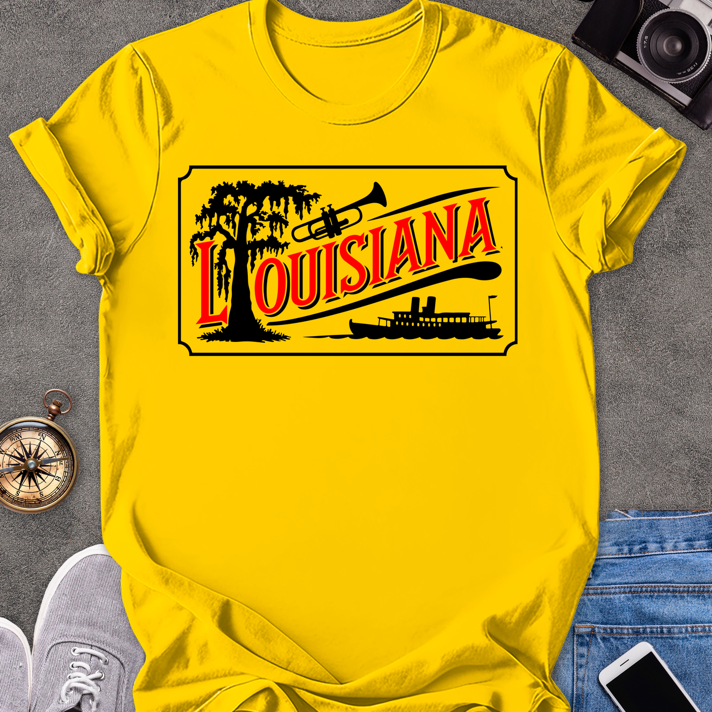 Louisiana | Unisex Softstyle T-Shirt | Riverboat, Trumpet, and Tree Tee