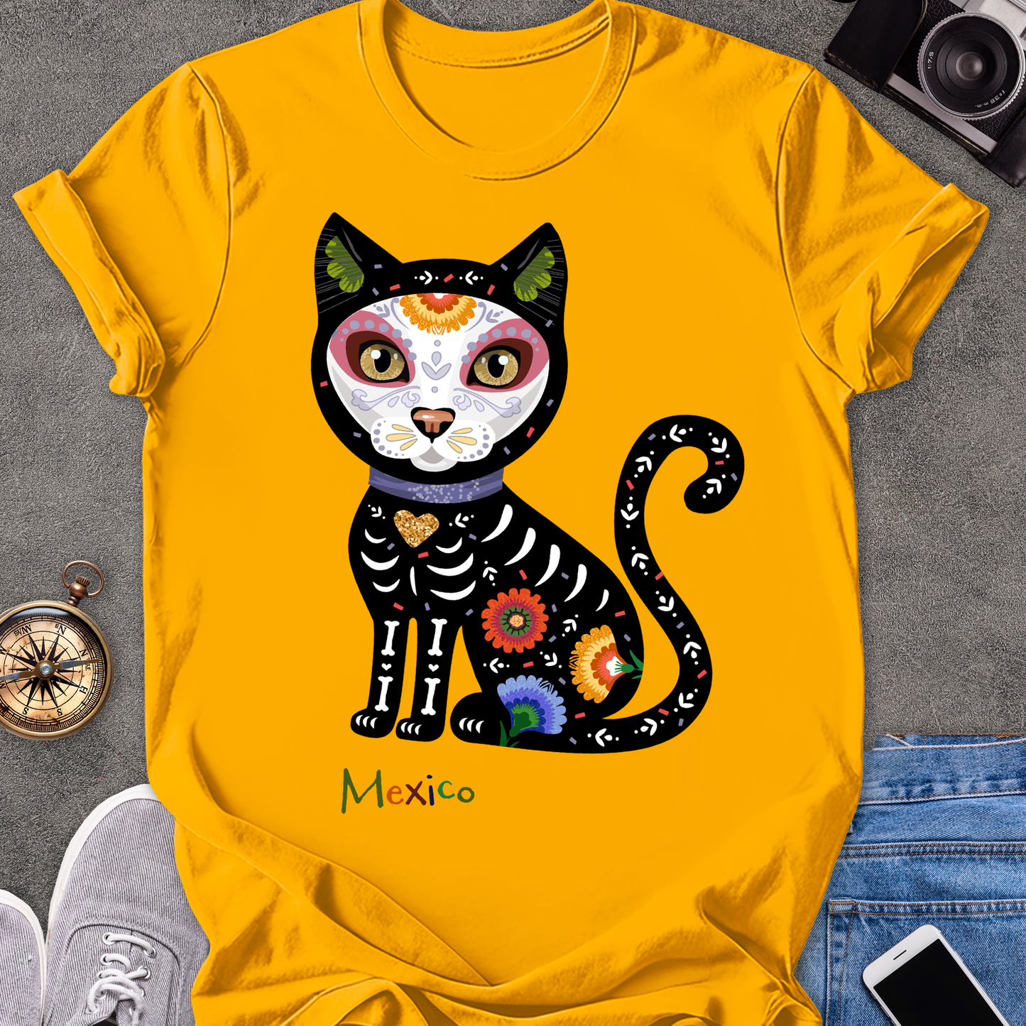 Mexico-Day of the Dead Cat | Unisex Softstyle T-Shirt | Day of the Dead Tee